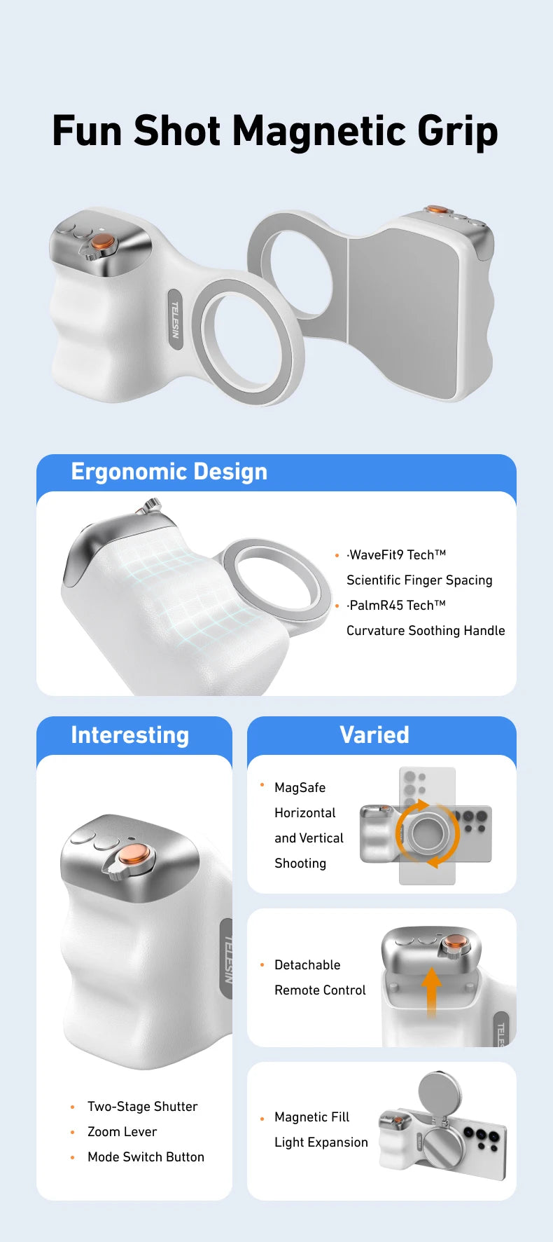 TELESIN™ Magnetic Phone Camera Hand Grip with Bluetooth Remote – Pro Shooting Handle for iPhone & Android Creators